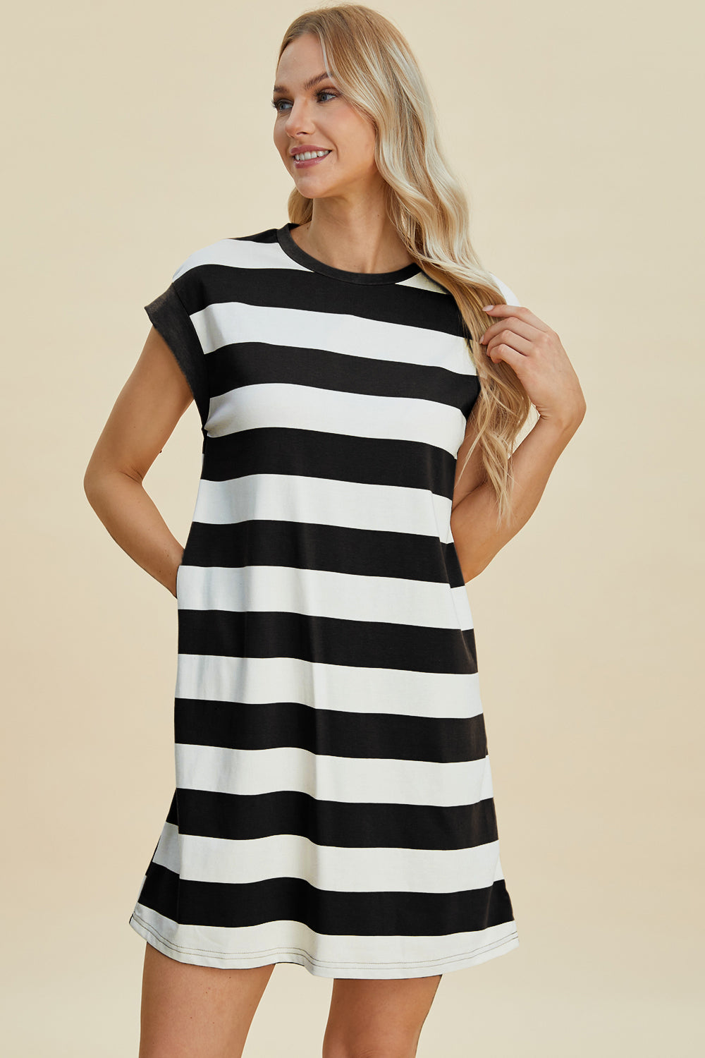 Full Size Striped Round Neck Cap Sleeve Mini Dress