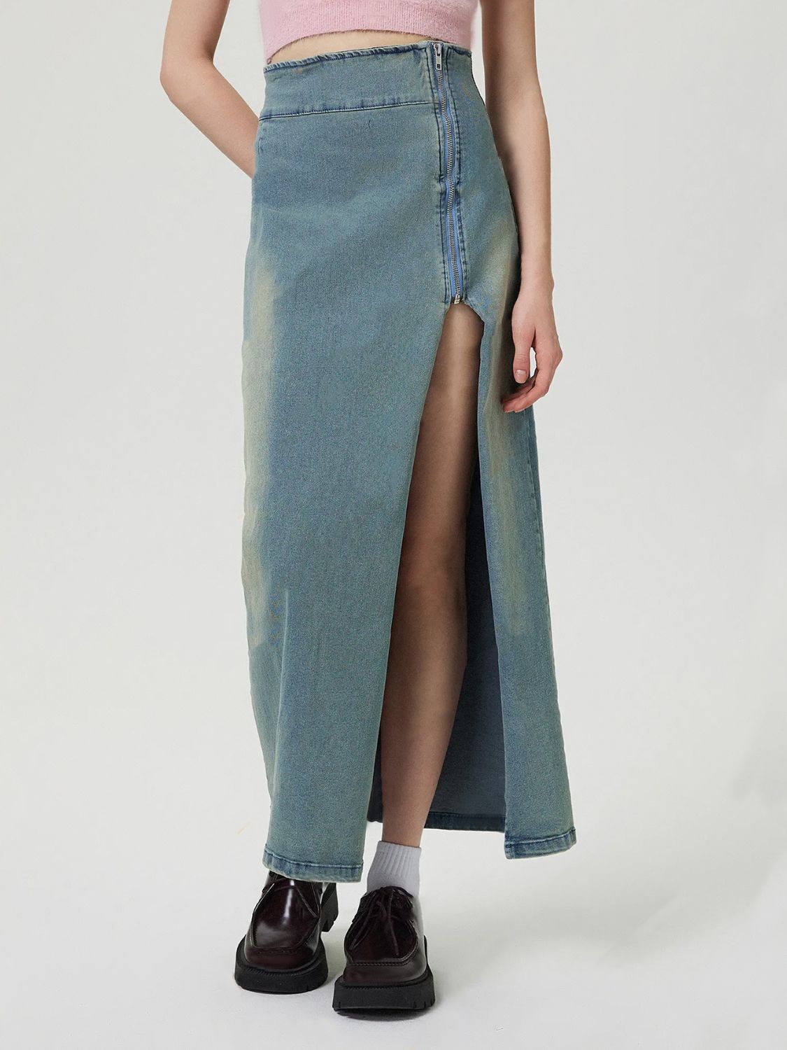 Slit Denim Skirt with Zip