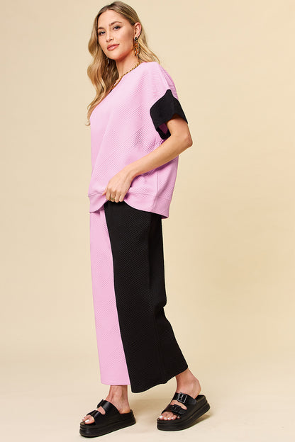 Full Size Texture Contrast T-Shirt and Wide Leg Pants Set