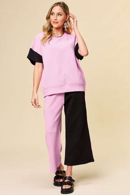 Full Size Texture Contrast T-Shirt and Wide Leg Pants Set