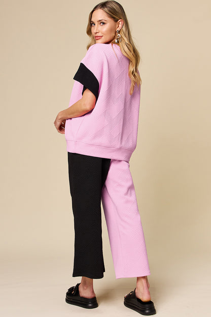 Full Size Texture Contrast T-Shirt and Wide Leg Pants Set