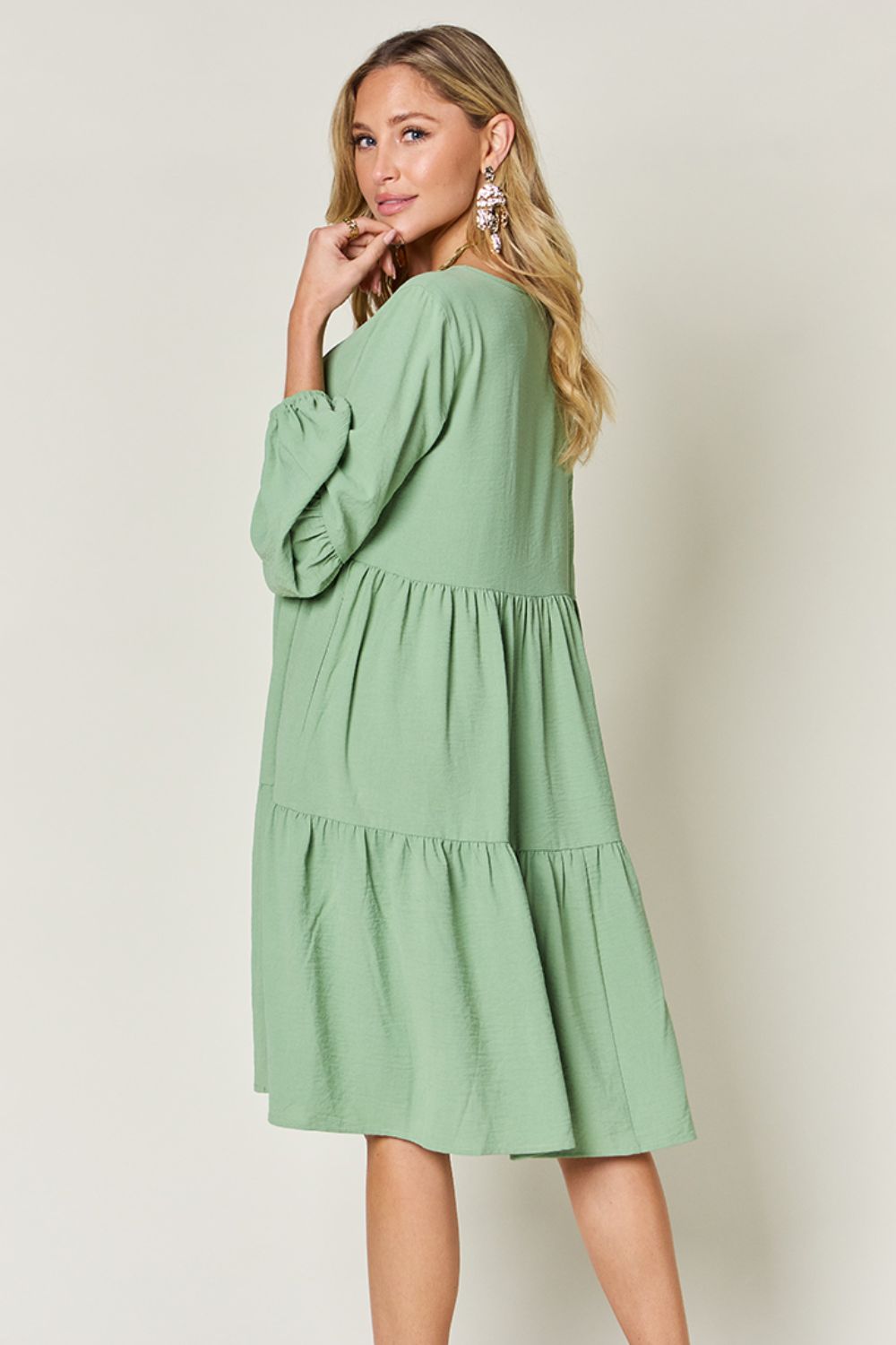 Full Size V-Neck Balloon Sleeve Tiered Dress with Pockets