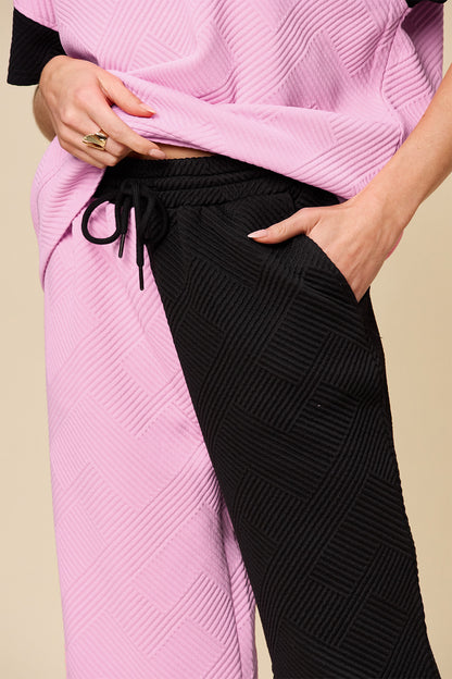 Full Size Texture Contrast T-Shirt and Wide Leg Pants Set