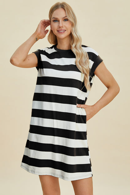 Full Size Striped Round Neck Cap Sleeve Mini Dress