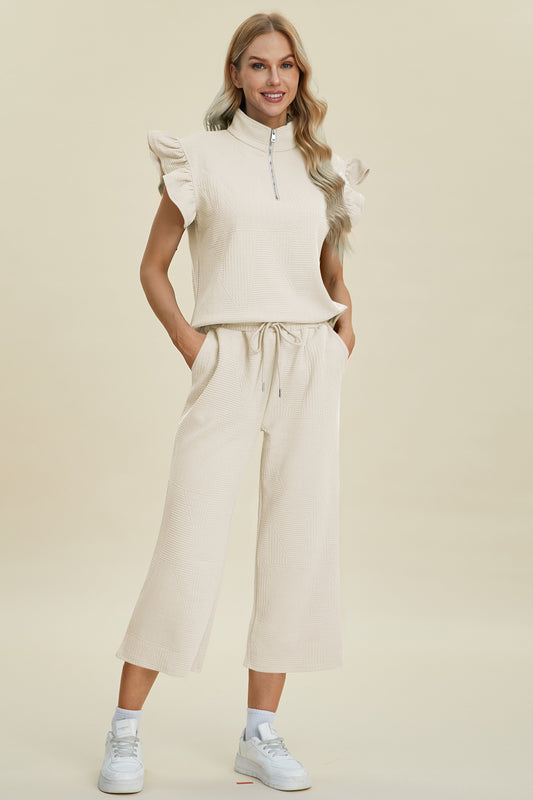 Full Size Texture Ruffle Short Sleeve Top and Wide Leg Pants Set