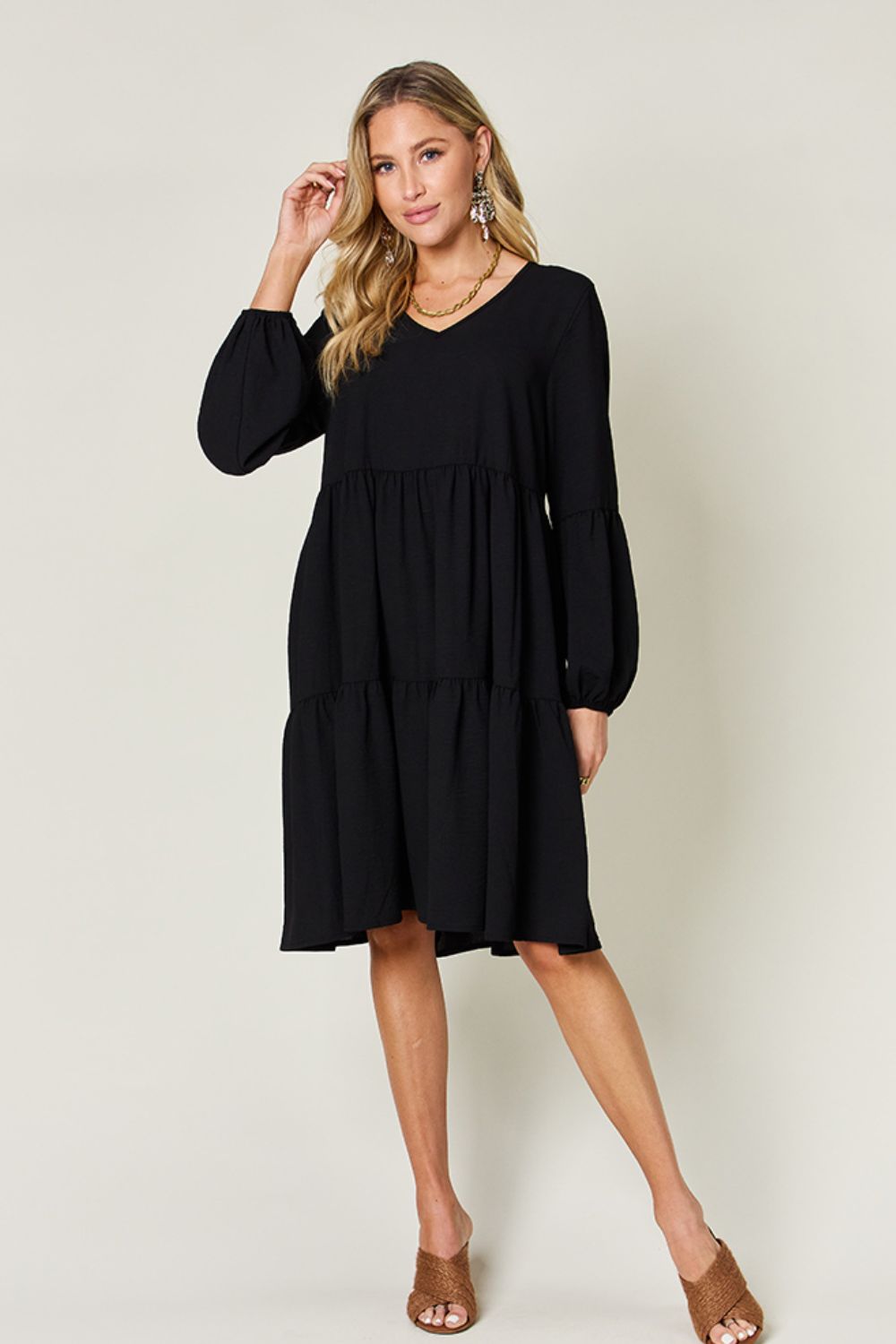 Full Size V-Neck Balloon Sleeve Tiered Dress with Pockets