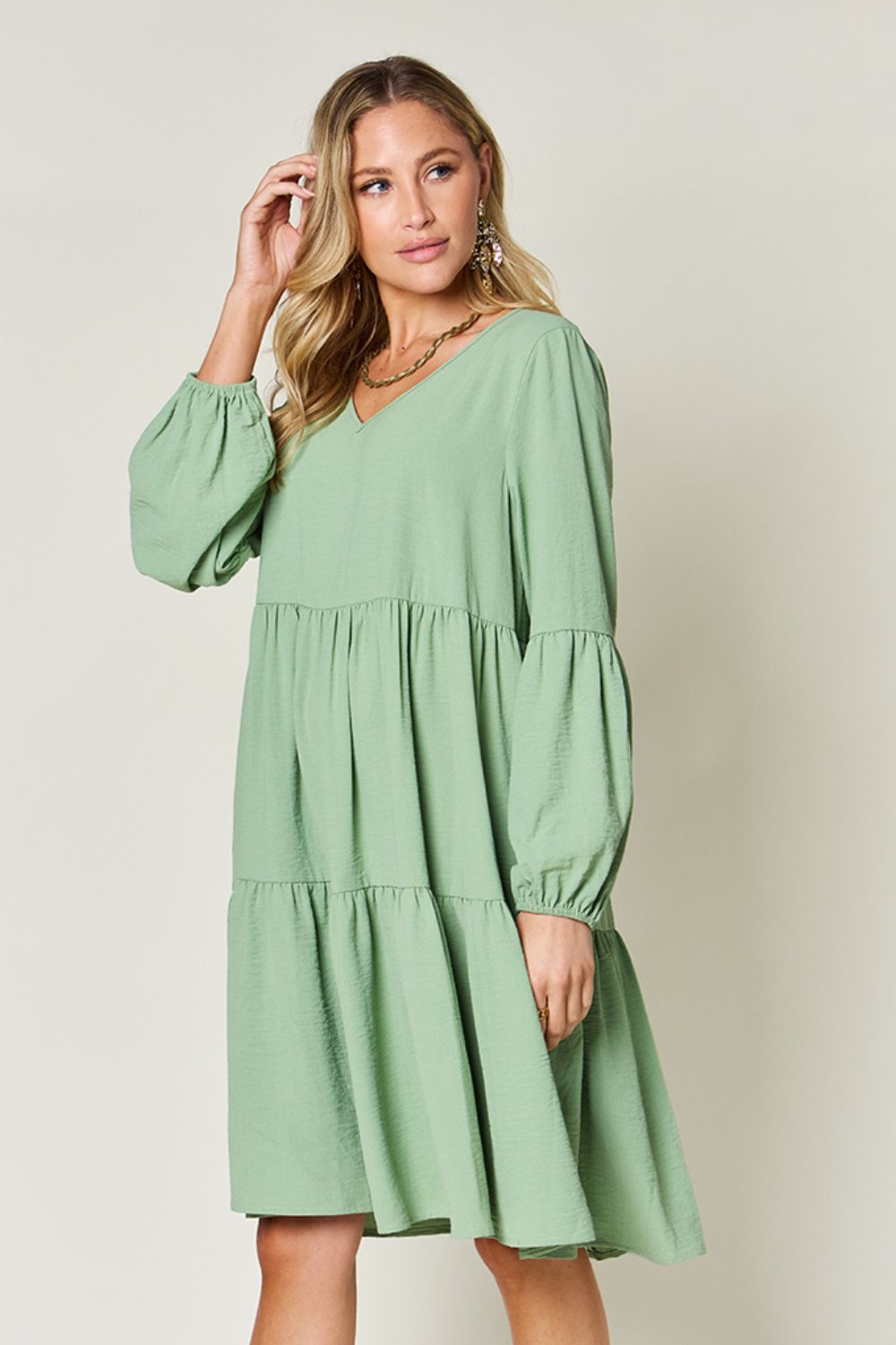 Full Size V-Neck Balloon Sleeve Tiered Dress with Pockets