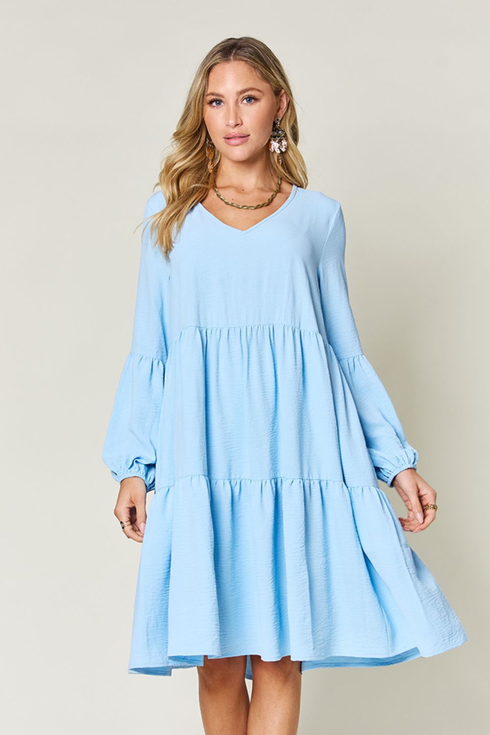 Full Size V-Neck Balloon Sleeve Tiered Dress with Pockets