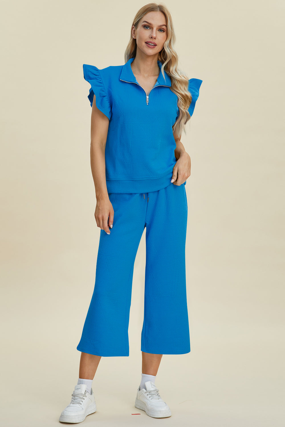 Full Size Texture Ruffle Short Sleeve Top and Wide Leg Pants Set