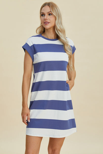 Full Size Striped Round Neck Cap Sleeve Mini Dress