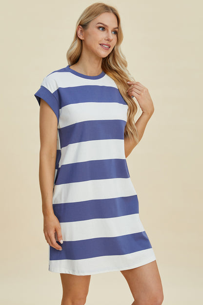 Full Size Striped Round Neck Cap Sleeve Mini Dress