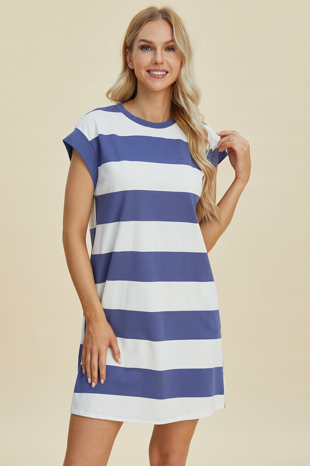 Full Size Striped Round Neck Cap Sleeve Mini Dress